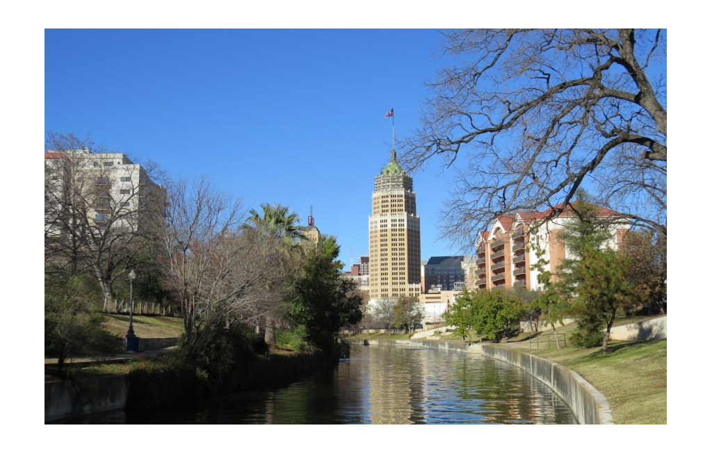 River flowing through the buildings downtown.